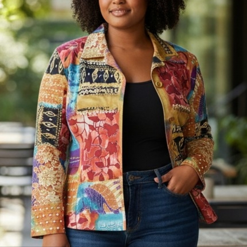 COLDWATER CREEK | 100% Silk Patchwork‎ Art to Wear Jacket Multicolor Boho | XXL